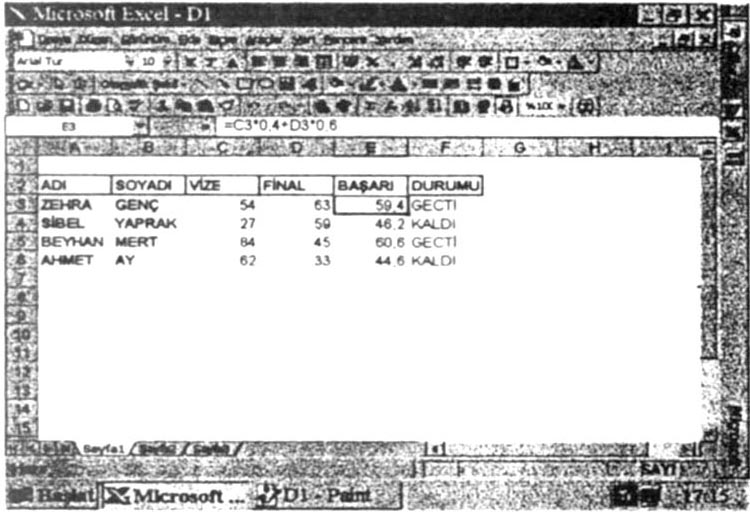 90 İŞLEM TABLOSU KULLANIMI 5.3.1 Formül Kullanımı Excel tablosuna formül girişi ve fonksiyon kullanımı için EKLE menüsünden fx işlevi seçilir.