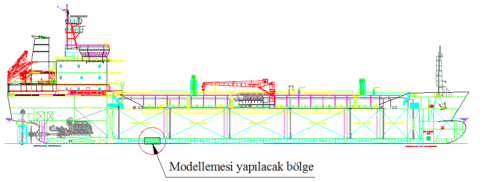 Şekil 1.1: Orta blok modeli yapılacak gemi resminin genel görünümü Belirlenen gemi projesinin; modellenecek kısmı tespit edilerek bu bölüme ait yapı elemanlarının resimleri oluşturulur. Şekil 1.