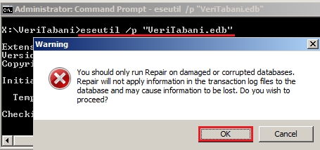 eseutil /r E01 /i /d Resim 1.10:SoftRecovery ile yedek veri tabanını kullanılabilir hale getirme SoftRecovery işlemi yapıldıktan sonra yedek veri tabanının durumu tekrar kontrol edilir.