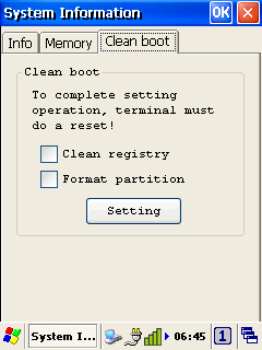 Resim 8 32c System Information Clean boot Sekmesi Clean registry : El terminalinde yapılan ayarların sıfırlanmasını sağlar.