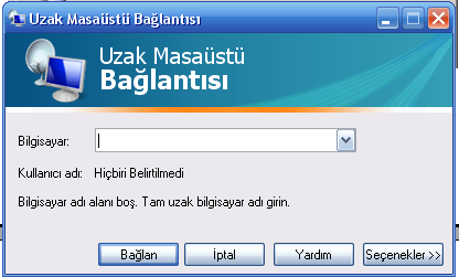 ġekil 1.19: Uzak masaüstü bağlantısı Bağlanmak istediğiniz Windows XP Pro'nun IP adresini giriniz.