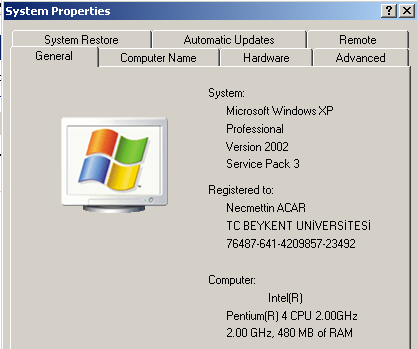 Windows Versiyonu Kullanıcı ġekil 1.1: Sistem özellikleri genel sekmesi MikroiĢlemcinin özellikleri RAM bellek miktarı 4. 2. Bilgisayar Adı Sekmesi Bilgisayar adı, bilgisayarınızı ağda tanıtır.