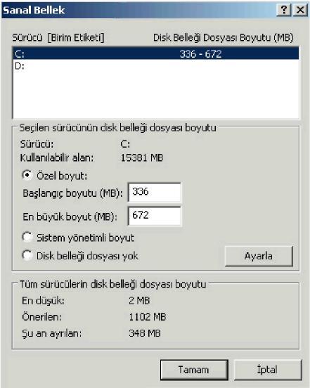 Sanal bellek ayar penceresi 4.8.Kayıt Defteri Windows, kendi yapılandırma bilgilerini kayıt defteri denilen bir veri tabanında saklar. Windows ile birlikte gelen kayıt defteri düzenleyicisi regedit.