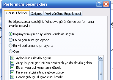 ġekil 1.27: Performans seçenekleri Penceredeki DeğiĢtir düğmesi ile Sanal bellek ayarlarını yapabileceğiniz aģağıdaki pencere açılır: Bellek yetmediğinde Windows sabit diskinizi bellek gibi kullanır.