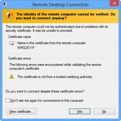 Başlarken Microsoft Uzak Masaüstü Hizmetlerine Erişme 3. Kullanıcı bilgilerinizi girip OK (Tamam)'i tıklatın. 4. Uzak bilgisayarla ilgili bir sertifika mesajı içeren bir pencere açılabilir.