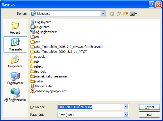 Açılan pencereden dosyaya vereceğimiz isim soruluyor. Masaüstüne kayıt yapalım ve adı da 2009-2010 I-DÖNEM olsun. Programın verdiği soyad roz dur. Bu uzantıyı silmeyin.