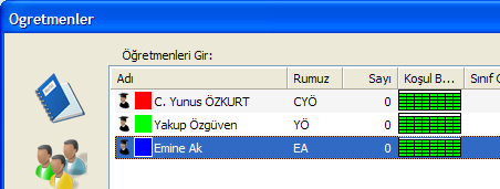 Öğretmen / Öğretim Elemanlarının Girilmesi Öğretmenler sekmesinde Yeni düğmesine tıklayıp, öğretmen adı ve rumuzu girilir. Burada öğretmen için Renk seçimi de yapılır.