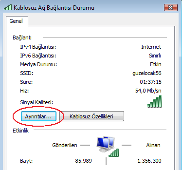 Resim 1.20: Ağ bağlantısının durumu Resim1.20 de kırmızı daire ile gösterilen alana fare ile tıklandığında bağlantıyı sağlayan donanım hakkında bilgi veren yeni bir pencere açılır. Resim 1.