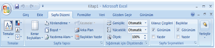 Çalışma Kitabını Tanımak Sayfa Düzeni: Sayfa Düzeni sekmesinde sayfa ayarları ve yazdırma ayarları gibi işlevler vardır.