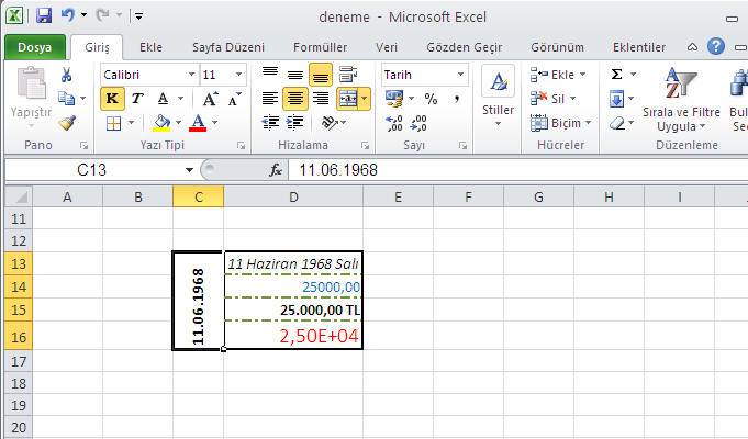 bile görünüm beş basamaklı olur ve kullanılmayan basamakların yerinde sıfır (00214 gibi) görüntülenir. MS Excel, bir hücreye aralarında (.