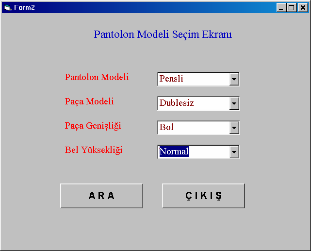 Sayfa No: 120 E.Y. BULGUN, G. BAŞER Şekil 1.Pantolon modelleri seçim ekranı 7-Kumaş türü ( Her model için seçilmiş kumaş türünün ismini verir.