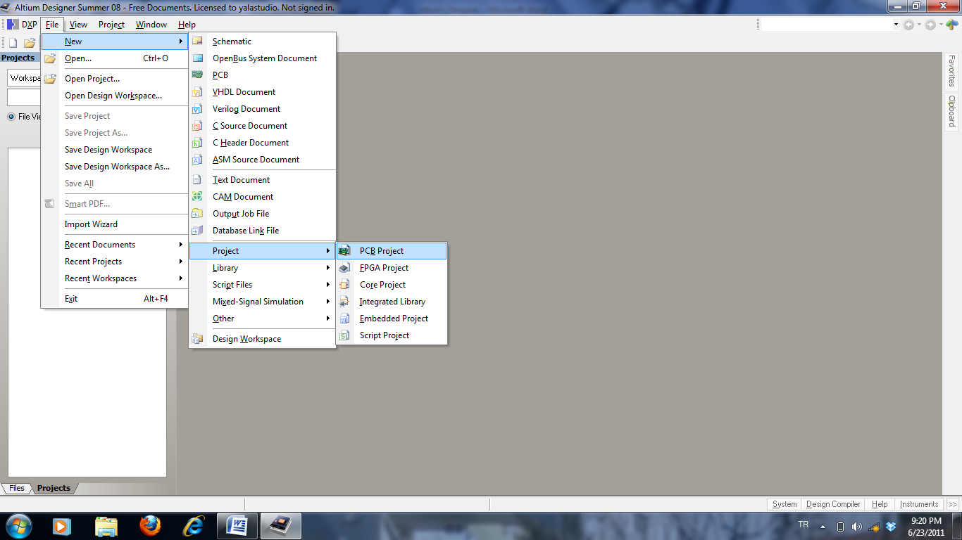 2 -ALTIUM DESIGNER 1- PROJE OLUġTURMAK Programın ekran görüntüsünde sol üst tarafta bulunan File a tıkladıktan sonra New, Project, PCB Project sırası ile tıklanır.