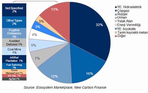 Tablo 2 de görüldüğü üzere, 2008 verilerine göre, bu projelerin % 32 si hidroelektrik, % 16 sı çöp, % 15 i rüzgar, % 7 si