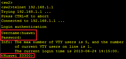 Yukarıdaki tanımları adım adım incelersek, Konfigürasyon yapabilmek için system view ekranına geçiş yaptık. Telnet server ımızı enable ettik (Default u zaten enable idi.).