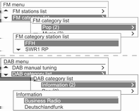82 Radyo FM/AM/DAB menüsü Favori istasyon listesi FM/AM menüsü FM/AM istasyonları listesi FM/DAB menüsü FM/DAB kategorisi listesi FM menüsü/am menüsü/dab menüsü öğesinden, MENU-TUNE ayar düğmesini