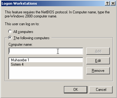 22 Logon On To : Kullanıcının domaine logon olurken kullanabileceği bilgisayarları belirleyeceğimiz alan.