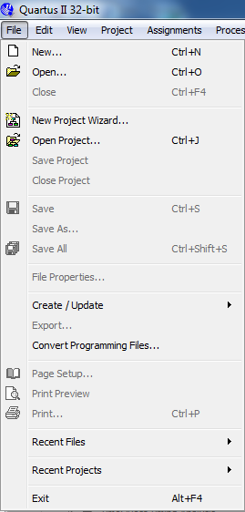Şekil 3.2. Dosya Menüsünün Görünümü 3.1.2. Quartus II Çevrimiçi Yardım/Destek Quartus II, yazılımın kullanım sürecinde ortaya çıkabilecek sorunların çoğunu çözümleyen kapsamlı çevrim içi dökümantasyon bulundurur.