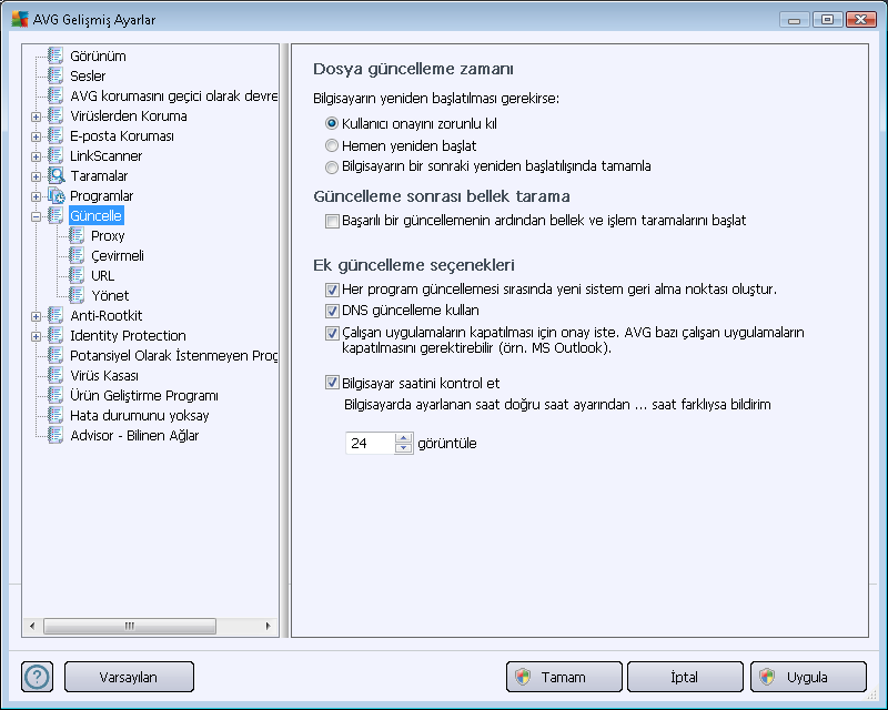 Diğer güncelleme ayarları İnternet bağlantısı kurulduğunda güncellemeyi yeniden çalıştır seçeneğini işaretleyerek internet bağlantısı bozulduğunda ve Anti-Spam güncelleme işlemi başarısız olduğunda,