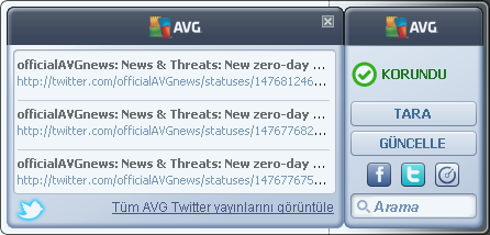 Twitter bağlantısı Twitter'da gönderilen en son AVG yayınlarının genel görünümünü sunan yeni bir AVG gadget'ı arayüzü açar.