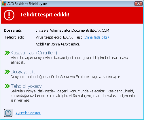 6.1.5. Resident Shield Tespitleri Tehdit tespit edildi! Resident Shield dosyalar kopyalanırken, açılırken ya da kaydedilirken söz konusu dosyaları tarar.