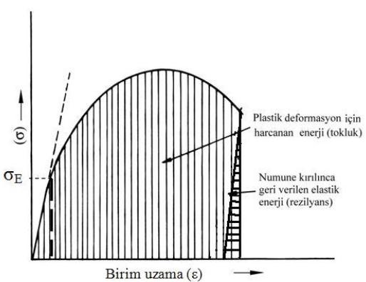 Tokluk: Malzemenin kırılıncaya kadar asore ettiği enerjidir. Bu enerji çekme eğrisinin altında kalan ölgeyi ifade etmektedir.