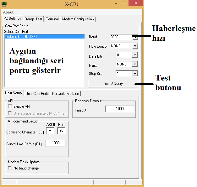 2- Yükleme işlemi sonunda program açıldığında karşınıza gelen sayfa Şekil 4.39 deki gibi olacaktır. Şekil 4.39. X-CTU açılış sayfası 3- Xbee modülü mini usb ile bilgisayara bağlanır.