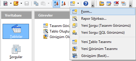 CTRL+N ile yeni bir veritabanı nesnesi oluşturulabilir. Var olan dosyaları açar. Tablolar üzerinde değişiklik yapıldığında kaydet düğmesi aktif olur. Herhangi bir nesneyi (tablo vb.