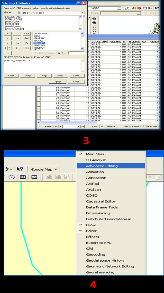 Yeni katmanda Select By Attributes kullanılarak [SEFLIK_ADI] = güncellenecek seflik adı seçilir.