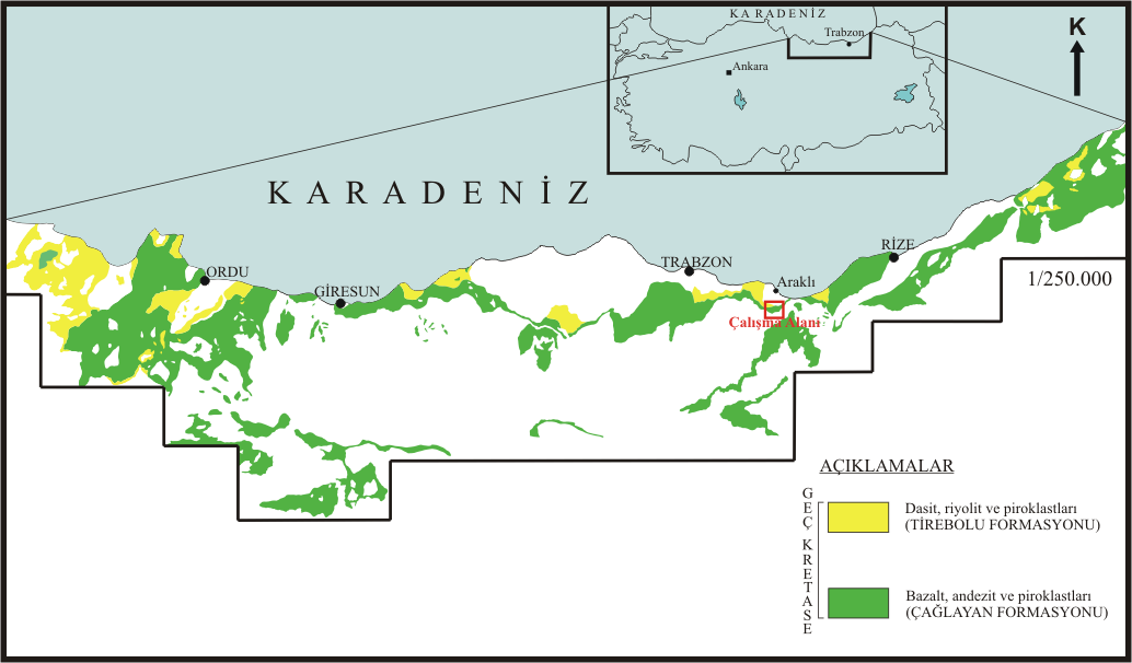 Şekil 1. Çalışma alanını içine alan bölgedeki Geç Kretase yaşlı Çağlayan ve Tirebolu formasyonlarının yayılımı (Güven, 1993 den değiştirilerek).