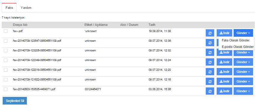 Giden Kutusu Giden faksların dosya adı, kime gönderildiği ve gönderilme zamanı görüntülenir.