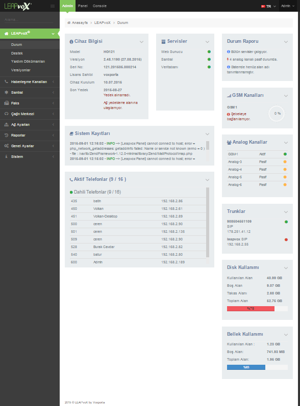 (Dashboard 01:LEAPvoX Durum Sayfası) LEAPvoX Destek (Support 01)menüsünden sorularınızı ve teknik destek ihtiyaçlarınızı