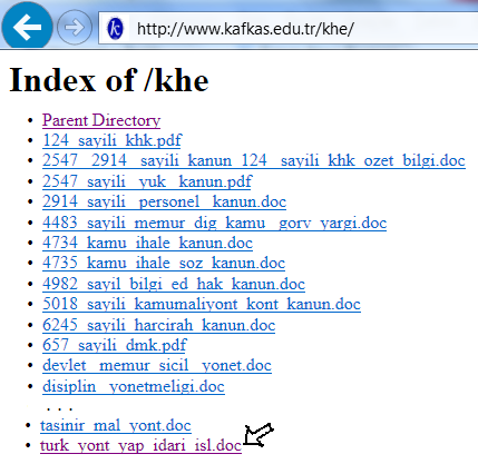 608 ÖRNEKLERĐYLE USÛLSÜZ ALINTI SORUNU adresi URL çubuğuna yazdığımızda, bu klasörün index ine ulaşıyoruz (Index of /khe).