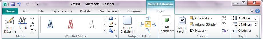 6.5. WordArt araçları sekmesi Her nesnede olduğu gibi WordArt nesnesine tıklandığında WordArt Araçları bağlamsal sekmesi açılacaktır.