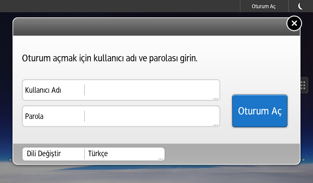 Makinede Oturum Açma 1. [Oturum Aç] tuşuna basın. 2. Oturum Açma Kullanıcı Adı'nı girin ve daha sonra [OK] tuşuna basın. 3. Oturum Açma Parolası girin ve daha sonra [OK] tuşuna basın.