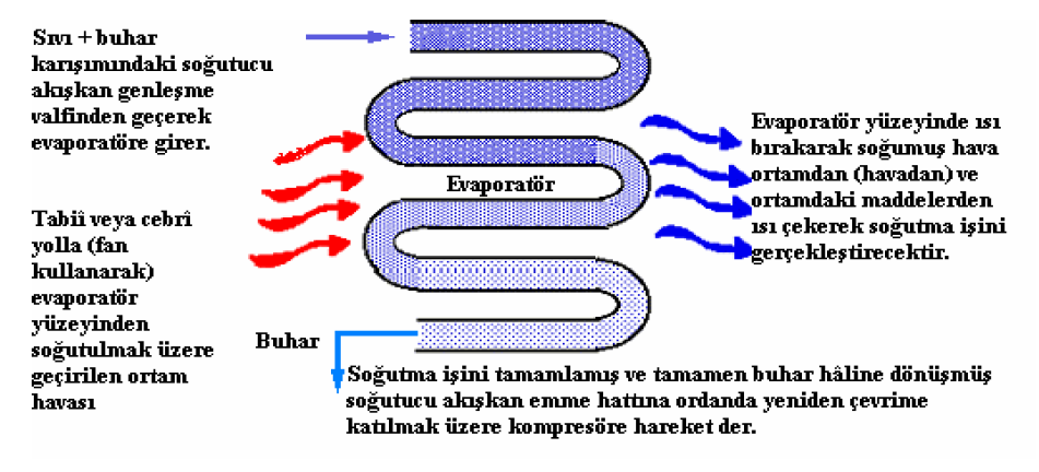 3.3. EVAPORATÖRLER ( BUHARLAŞTIRICILAR ) Bir soğutma sisteminde Evaporatör, doymuş sıvı-buhar karışımı olarak giren soğutucu akışkanı en az doymuş buhar veya kızgın buhar olarak çıkmasını etraftan