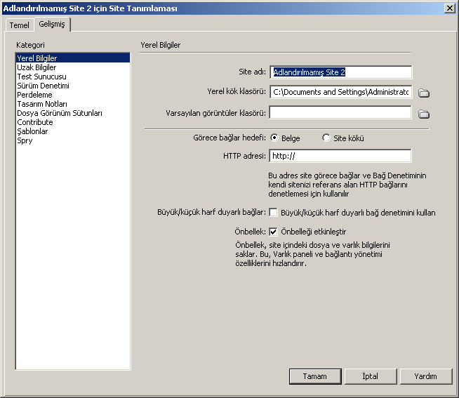 Bölüm 1 Dreamweaver Temelleri 7 2 Temel ve Gelişmiş adındaki iki sekmesiyle birlikte Site Tanımı iletişim kutusu açılacaktır.