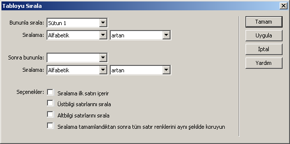 76 Bölüm 6 Tablolarla Çalışmak Bununla Sırala: Sıralamada temel alınacak sütunu seçmek için kullanabilirsiniz. Sıralama: Sütunu alfabetik olarak mı yoksa sayısal olarak mı sıralayacağınızı belirler.