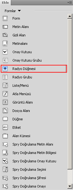 102 Bölüm 8 Formlarla Çalışmak Varsayılan durumda her grup (Radyo Grubu) en az iki radyo düğmesi içerir. İstediğiniz kadar radyo düğmesi ekleyebilir, silebilirsiniz.