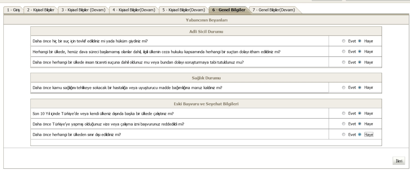 ADIM-21-6.Genel bilgiler bölümünde yabancının durumu ile ilgili seçenekleri işaretleyiniz.