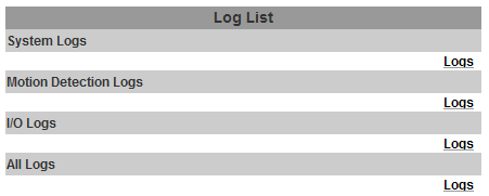Lg List System Lgs (sistem günlükleri), Mtin Detectin Lgs (hareket algılama günlükleri) ve I/O Lgs (G/Ç