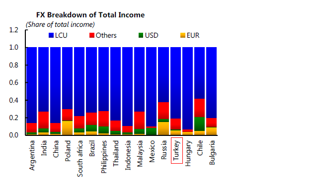 Grafikten de görüldüğü üzere Türkiye de özel sektörün toplam gelirinin büyük çoğunluğu TL cinsi gelirden oluşmaktadır.