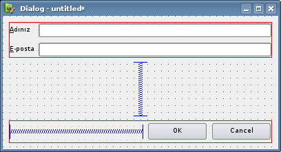 Figure 4.2. Parçacık Düzenleme Kipi "Edit Widgets"tan sonra "Edit Signal / Slots" denen düğme yer alıyor. Bu yazılar simgelerin üzerinde biraz durunca çıkıyor (tooltip).