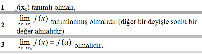 SÜREKLİLİK Süreklilik: y=f(x) gibi bir fonksiyonun x noktasında limiti varsa ve bu f(x ) a eşit ise f(x) fonksiyonu x