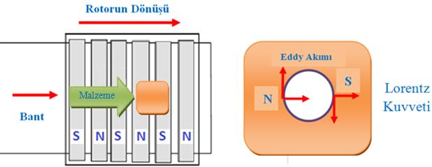 AyrıĢtırma esnasında bant üzerinde hareket eden atıkların içindeki demirsiz metal malzemeler hareketli rotor üzerinden geçerken biriktirme kabına fırlatılacak, demirli malzemeler ise manyetik