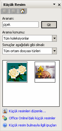 (Ya da Ekle menüsü Resim Dosyadan Resim) Küçük Resim Ekleme: MS Word zengin bir Clipart (küçük resim) galerisine sahiptir. Bu galeri içerisinde bulunan kategorilerden belge içine resim eklenir.