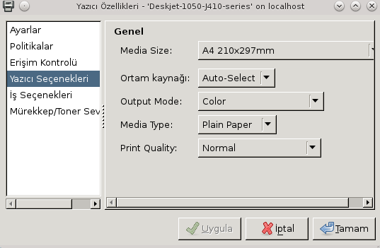 Yazıcı Seçenekleri altından kağıt boyutu, renkli çıktı ya da siyahbeyaz çıktı ya da yazdırma kalitesi gibi seçenekler ayarlanabilir (Resim 78).