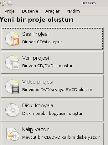 Disk Yazma Araçları Brasero Disk oluşturma-yazma uygulamasıdır. CD/DVD oluşturma, kopyalama, silme, kaydetme, değiştirme, imaj oluşturabilme, imaj yazdırabilme özelliklerine sahiptir.