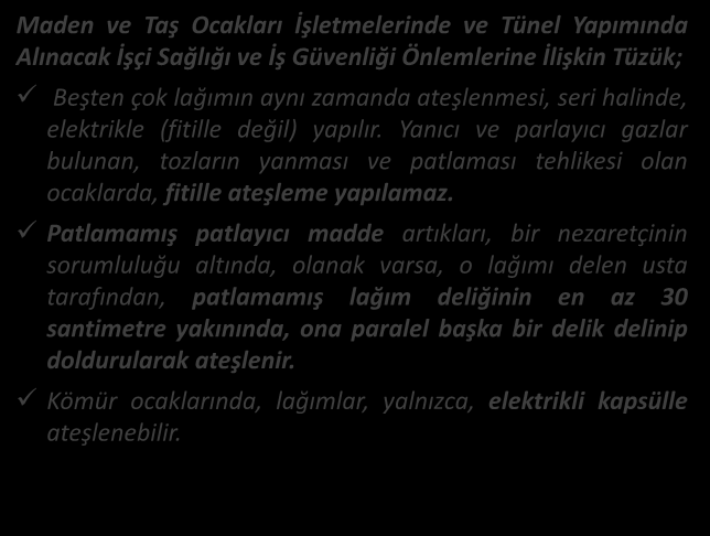 MEVZUAT PATLATMA Maden ve Taş Ocakları İşletmelerinde ve Tünel Yapımında Alınacak İşçi Sağlığı ve İş Güvenliği Önlemlerine İlişkin Tüzük; Beşten çok lağımın aynı zamanda ateşlenmesi, seri halinde,