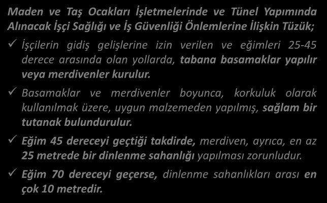 MEVZUAT NAKLİYAT Maden ve Taş Ocakları İşletmelerinde ve Tünel Yapımında Alınacak İşçi Sağlığı ve İş Güvenliği Önlemlerine İlişkin Tüzük; İşçilerin gidiş gelişlerine izin verilen ve eğimleri 25-45