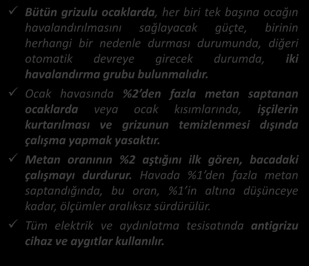 MEVZUAT GRİZU TEHLİKESİNE KARŞI: Bütün grizulu ocaklarda, her biri tek başına ocağın havalandırılmasını sağlayacak güçte, birinin herhangi bir nedenle durması durumunda, diğeri otomatik devreye